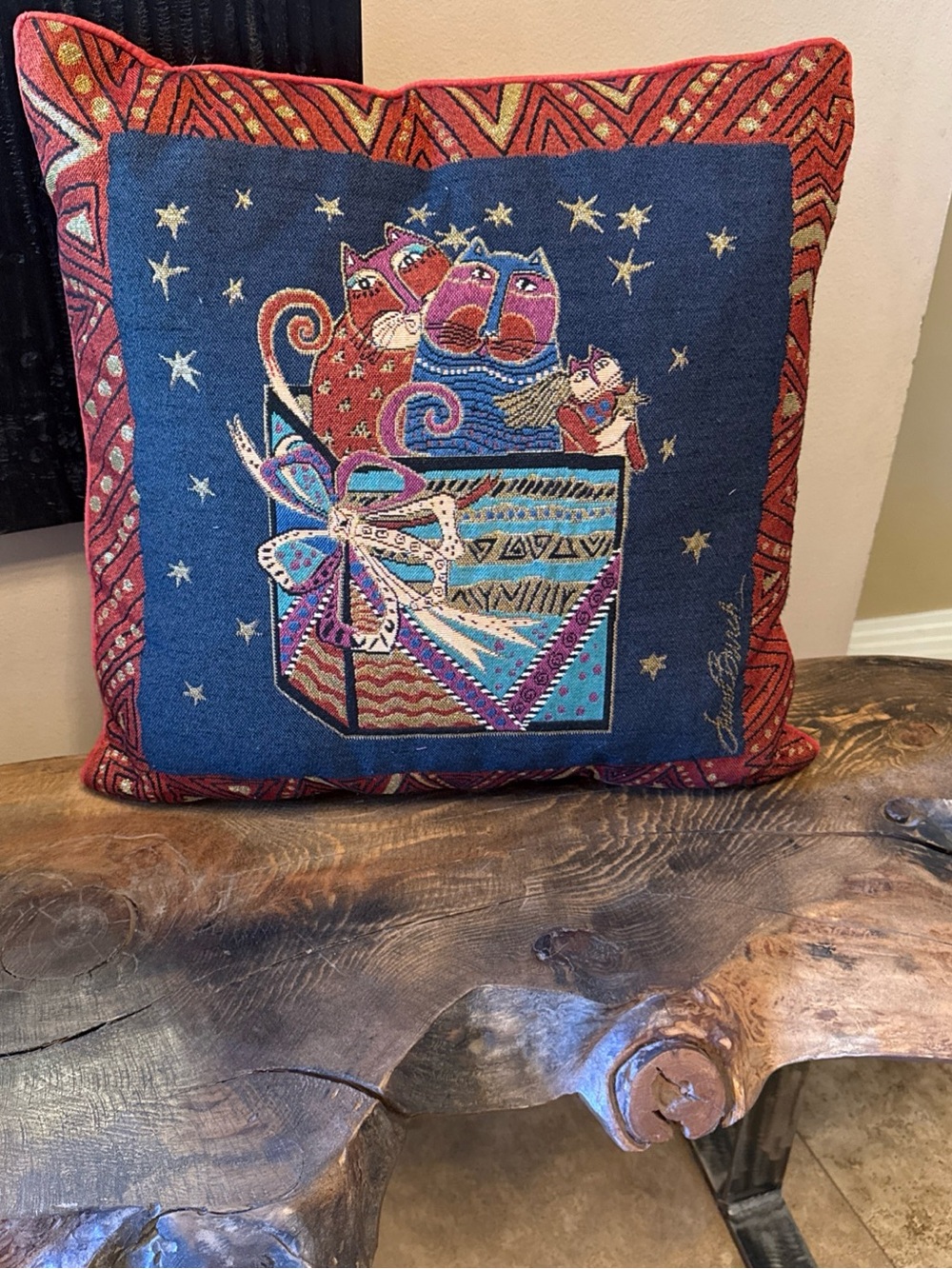 Laurel Burch Cat Tapestry Square Throw Pillow Christmas Present 18x18 Blue Red